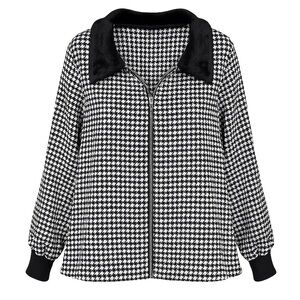 Womens Plus Size Houndstooth Zip Jacket 3X Black White Plush Collar Hip Length